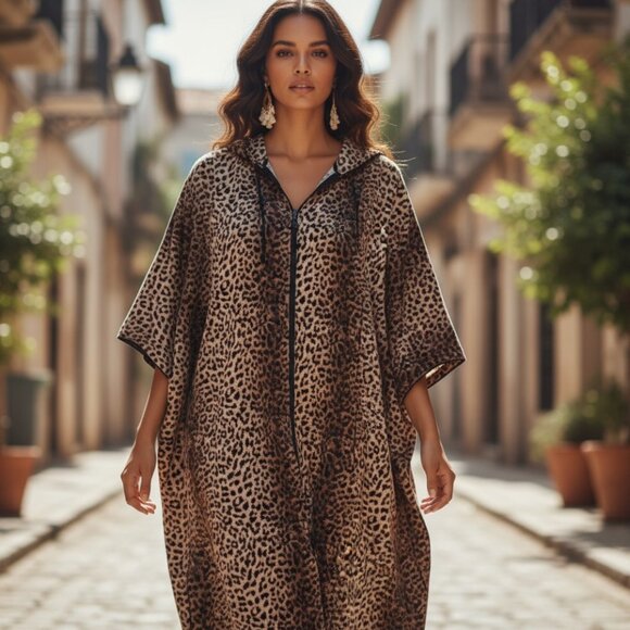 Vintage Other - VINTAGE HANDMADE MOROCCO Kaftan Hooded Dress XL 1X 2X Leopard Abaya Robe House
